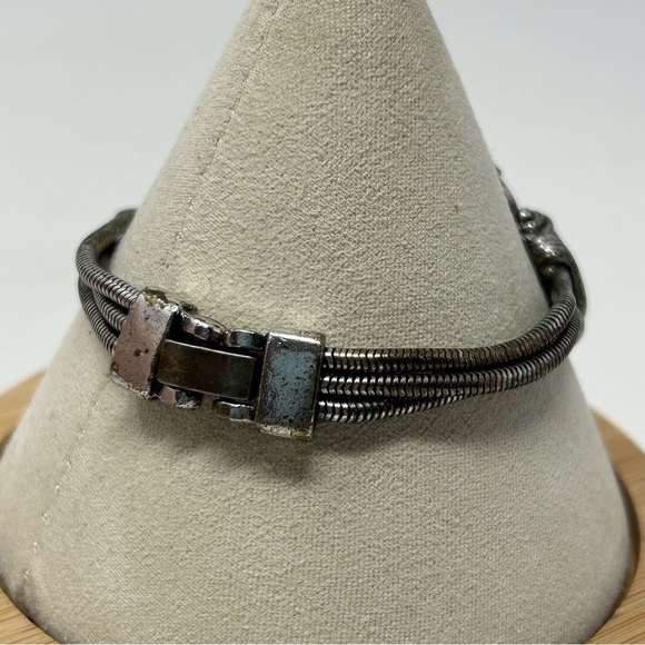 Faux Blue Turquoise Oval Cabochon Filigree Bracelet Layered Silver Tone Chain 7" - Picture 4 of 7